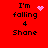 Red background with black text reading "I'm falling 4 Shane" and four distinct pixelated animation states showing pink heart or star-like symbols near the top-right of the text.