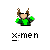 Pixelated character with brown hair, white crown-like shape on head, green shirt, and raised arms against gray background; text below reads 'X-Men' in blocky font.