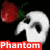 White skull with black eye sockets and nose cavity, red strawberry with green leaves on left side, red text banner reading 'Phantom' below the skull against a black background.
