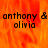 Pixelated text 'anthony & olivia' on a fiery orange-red background with visible motion blur effects.