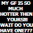 Static pixelated text icon with multicolored block letters on black background reading "MY GF IS SO MUCH HOTTER THAN YOURS! WHAT DO YOU HAVE ONE??"