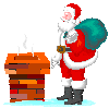 Santa Claus in red suit with white trim stands beside a brick chimney, holding a teal sack; smoke rises from the chimney as he moves through sequential poses.