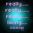 Pixelated cyan circular icon with pink text reading 'really.... really..... really..... liking.... xxxx!!' on a dark background.