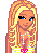 Pixelated character with long blonde hair wearing a yellow bikini top and bottom, pink bow accents, and silver necklace; text below reads BEACH BABY.
