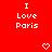 Red background with repeated white text "I Love Paris" and pixelated heart symbols in a
