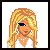 A 3x2 contact sheet of six pixel art frames showing a blonde female character with blue eye, white top, and black scarf in various poses including full body, torso close-up, legs, and text overlays.