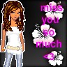 Pixelated cartoon-style buddy icon featuring a woman with long brown hair in a white top and light blue pants standing next to pink text reading "miss you so much" surrounded by white hibiscus flowers on a dark background.