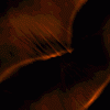 Two side-by-side curved shapes with textured surfaces, one orange-toned on the left, one blue-toned on the right, both against dark backgrounds.