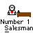 Pixel art of a cartoon character with a white face, black eyes, and red tie behind a brown desk, with text below reading "Number 1 Salesman" and "RING" above.