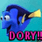 Pixelated blue fish with yellow fins and white eye, facing left against turquoise background, below pink text reading DORY!