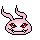 Six pixelated pink bunny heads with red eyes and sharp teeth, arranged in two on a gray background