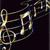 Pixelated static image of a golden musical staff with five lines and multiple notes against dark background.