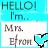 Animated contact sheet of a 3x2 grid showing six frames of an AIM buddy icon with alternating heart symbols and text "HELLO! I'm.. Mrs. Efron" on cyan and white backgrounds.