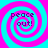 Four identical spiral patterns in cyan and magenta with 'peace out!' text centered on each, arranged in a