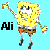 Pixelated yellow sponge character with white eyes and black pupils, wearing brown shorts with orange accents, holding star-shaped objects in both hands against a light blue background.