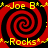 Four identical red and black spiral patterns arranged in a with yellow text reading "Joe B" and "Rocks" on a black background