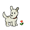 A 4x4 contact sheet of a pixel art dog animation with varying poses and expressions, each frame featuring the same dog next to a small flower on a gray background.