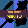 Pixel art of black silhouettes on blue and teal background with brown banners reading "Rpg Icons" above yellow "PREVIEW" text