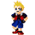 Pixel art character with blonde hair, blue eyes, red and black shirt, blue shorts, red shoes, and blue gloves in multiple poses.