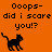 Pixelated black cat on orange background with text "Ooops- did i scare you?" in three positions across frames.