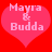 Two pink hearts on red background with 'Mayra & Budda' text; left heart has pixelated vertical line through ampersand, right is clear.