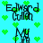 Pixelated text and green heart shapes on a cyan background with visible digital artifacts.