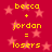 Red background with pink stars and yellow text reading 'becca + jordan = losers' repeated twice in a