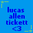 Blue background with repeated text "lucas allen tickett <3" in dark blue, surrounded by yellow and light blue stars with dotted lines.
