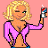 Pixelated image of a blonde woman in a pink jacket holding a Pepsi bottle, with purple text on a peach background.