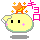 Four pixelated yellow characters with black eyes and pink cheeks, each topped by an orange star with yellow accents; two have pink Japanese text on the left side.