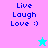 Pixelated text 'Live Laugh Love :)' on split background with star symbols changing color.