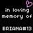 Pixelated black background with white text reading 'in loving memory of BRIANA#13' and a pink heart symbol above the left text block.