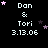Black background with white text reading "Dan & Tori 3.13.06" and scattered pink and purple stars, with a gray rectangle in the bottom-right corner.