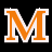 A large orange letter M with white outline on black background, partially overlaid by gray rectangle.