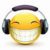 Yellow circular face with closed eyes and wide open mouth wearing black and white headphones against white background.