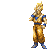 Pixelated character in golden armor with blue accents performing sequential animation frames against gray background.