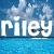 Pixelated blue background with white text 'Riley' and a small dark spot on the letter 'e', over water-like lower section.
