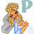 Pixel art animation of a cartoon woman with blonde hair and blue dress, showing two frames where the right arm's motion changes from bent to extended.