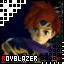 Pixelated character with brown hair and blue gem headpiece, purple cape, red text 'ROYBLAZER' below, red and white pixel patterns on dark background.