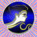 A circular blue icon with a white and gold profile of a woman's face, bordered by a yellow outline, rotating through multiple angles against a pink and blue striped background.