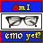 pixelated icons featuring glasses and text, with alternating blue/red borders and yellow/blue lettering on a white background