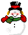 Pixelated snowman with red top hat, green scarf, and red mittens in six variations showing hand positions and facial expressions.