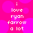 Pixelated text on a pink background with purple circles, repeating 'i love ryan farrow a lot' in two vertical