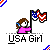 Pixelated cartoon girl in pink shirt and blue hair tie holds American flag with red-and-white stripes, white stars on blue field; text below reads USA Girl.