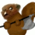 Brown squirrel-like creature holding a gray axe with black handle, standing against white background.