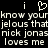 Black background with white pixelated text and a heart symbol, repeating phrases about Nick Jonas loving someone while being jealous.