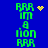 Green pixelated text 'RRR IM a lion RRR' on blue background with yellow heart and starburst animations.