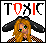Pixel art icon of a character with long orange hair and black headphones, under 'TOXIC' text where the 'O' is red in some frames.