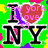 Green background with black 'NY' text, red heart symbol, and pink overlay text reading "new york is love" on left side.