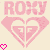 Pixelated pink 'ROXY' text above two heart-shaped icons with Greek key patterns, small pink hearts below, on light beige background.